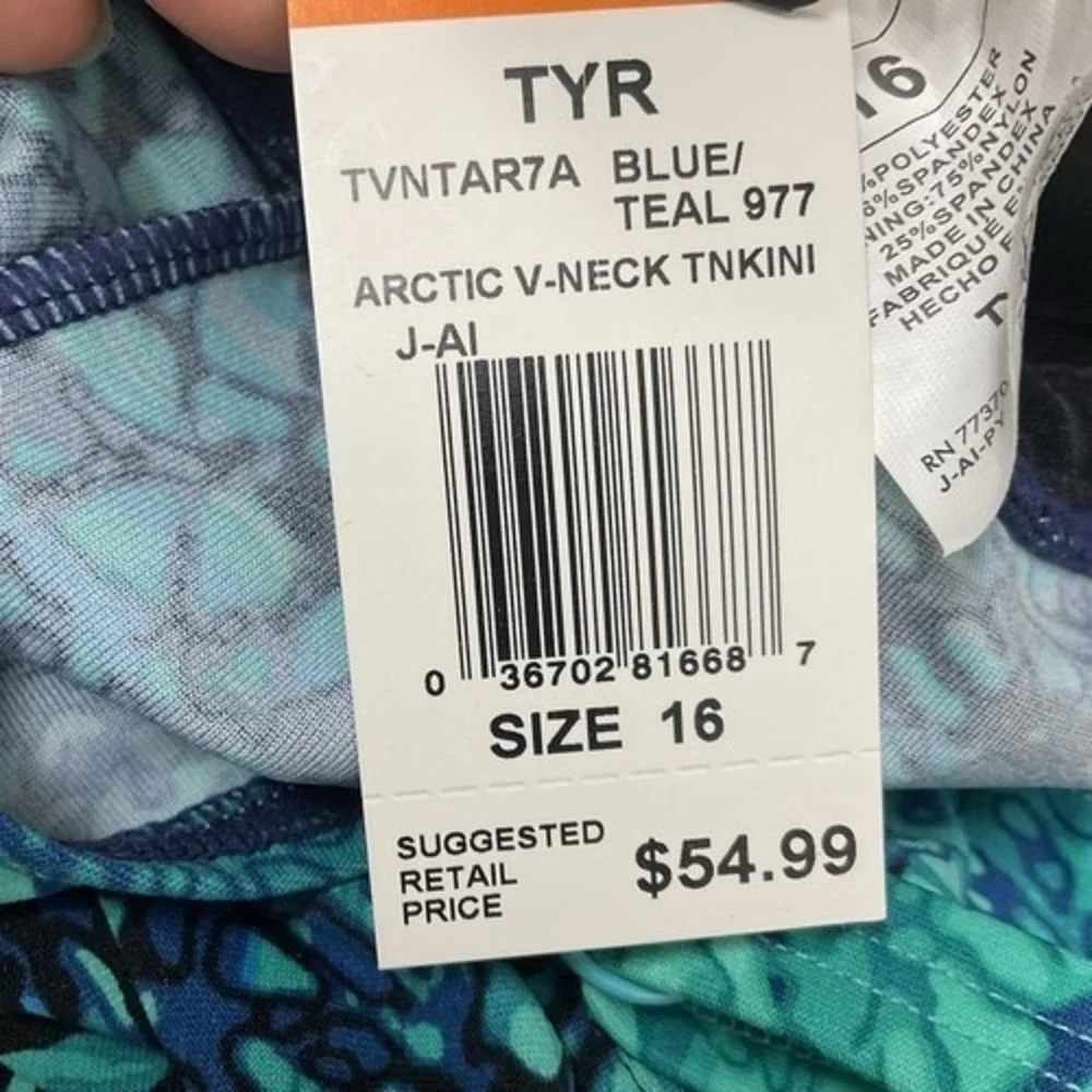 NWT TYR Artic V-Neck UPF50+ Teal/Blue Tankini Top Swim Kayak Style Women16 China